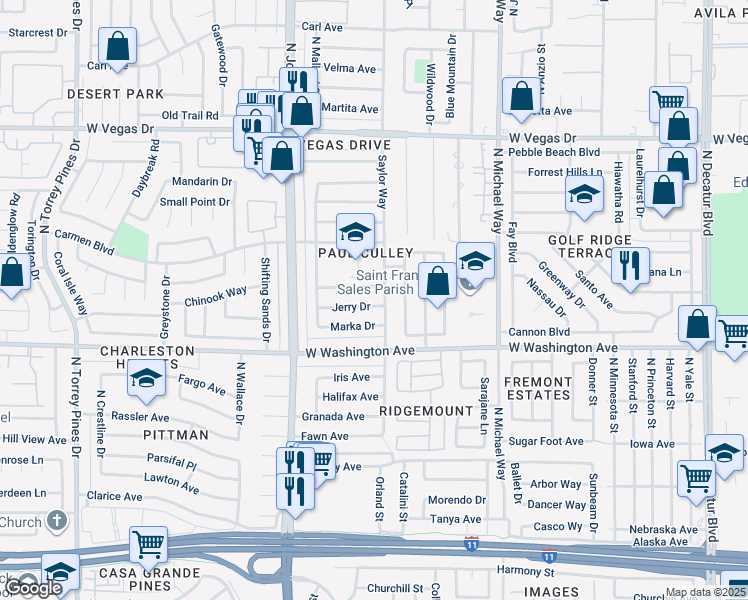 map of restaurants, bars, coffee shops, grocery stores, and more near 5804 Jerry Drive in Las Vegas