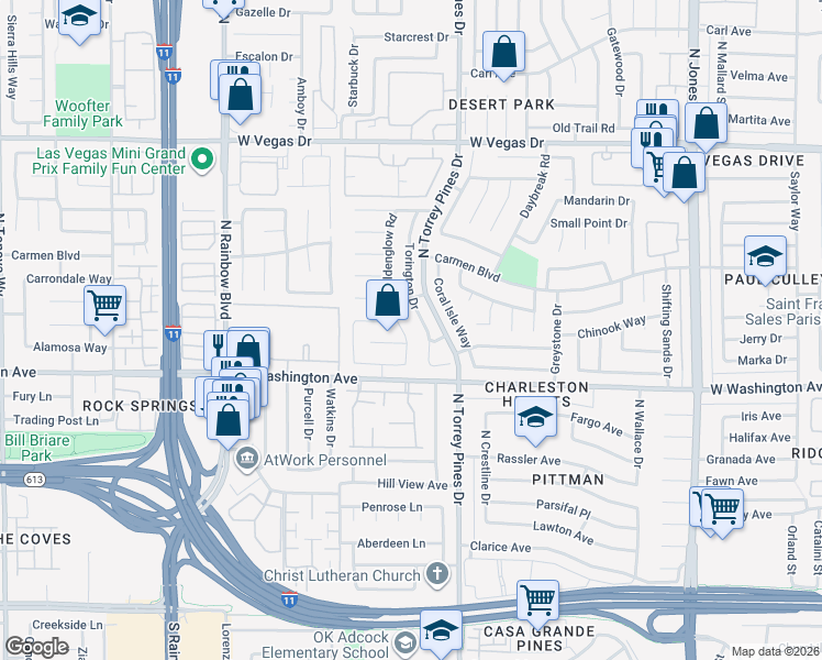 map of restaurants, bars, coffee shops, grocery stores, and more near 1021 Torington Drive in Las Vegas