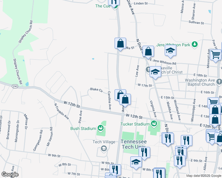 map of restaurants, bars, coffee shops, grocery stores, and more near 1269 Carolina Avenue in Cookeville