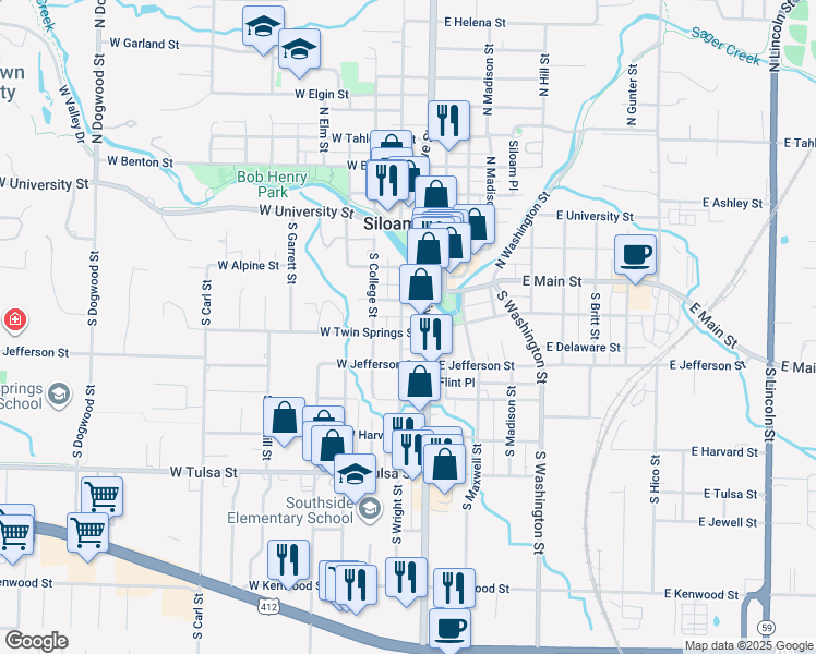map of restaurants, bars, coffee shops, grocery stores, and more near 321 South Wright Street in Siloam Springs
