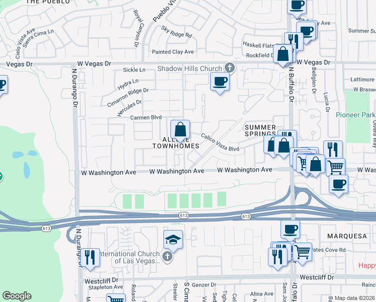 map of restaurants, bars, coffee shops, grocery stores, and more near 102 North Cimarron Road in Las Vegas
