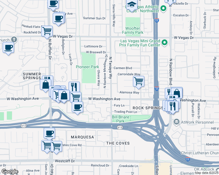 map of restaurants, bars, coffee shops, grocery stores, and more near 1017 North Tenaya Way in Las Vegas