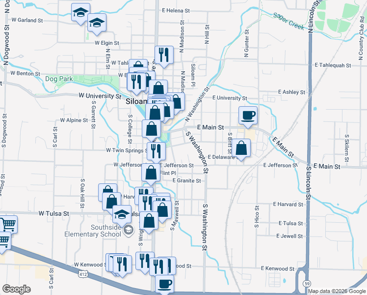 map of restaurants, bars, coffee shops, grocery stores, and more near 324 East Twin Springs Street in Siloam Springs