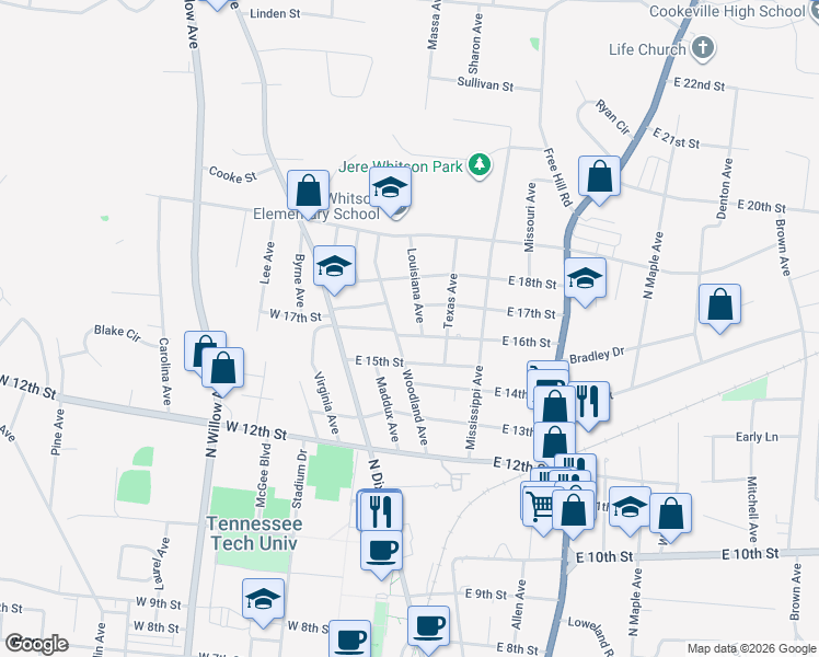 map of restaurants, bars, coffee shops, grocery stores, and more near 1615 Louisiana Avenue in Cookeville