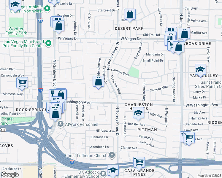 map of restaurants, bars, coffee shops, grocery stores, and more near 1021 Torington Drive in Las Vegas