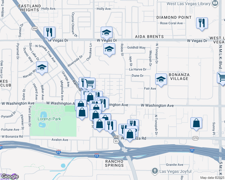 map of restaurants, bars, coffee shops, grocery stores, and more near 2520 Rainbow Cactus Court in Las Vegas