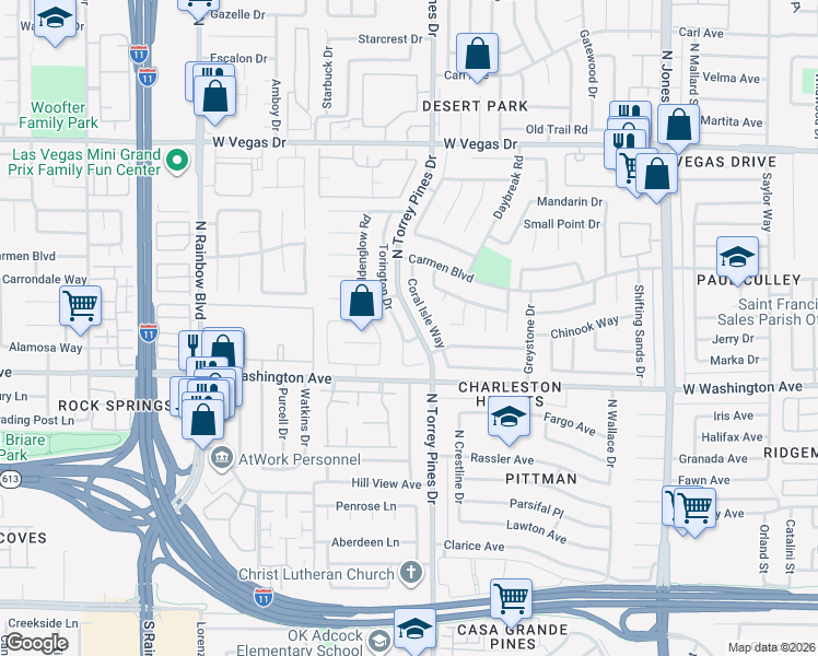 map of restaurants, bars, coffee shops, grocery stores, and more near 1021 Torington Drive in Las Vegas