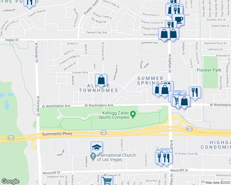 map of restaurants, bars, coffee shops, grocery stores, and more near 932 Falconhead Lane in Las Vegas
