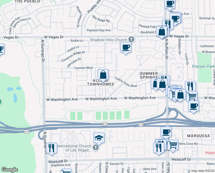map of restaurants, bars, coffee shops, grocery stores, and more near 102 North Cimarron Road in Las Vegas