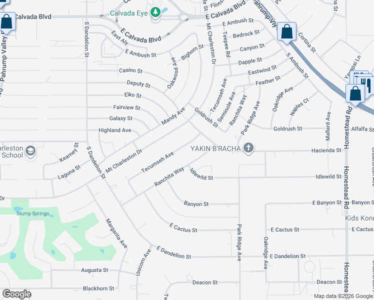 map of restaurants, bars, coffee shops, grocery stores, and more near 2521 Tecumseh Avenue in Pahrump