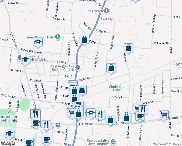 map of restaurants, bars, coffee shops, grocery stores, and more near 1644 North Maple Avenue in Cookeville