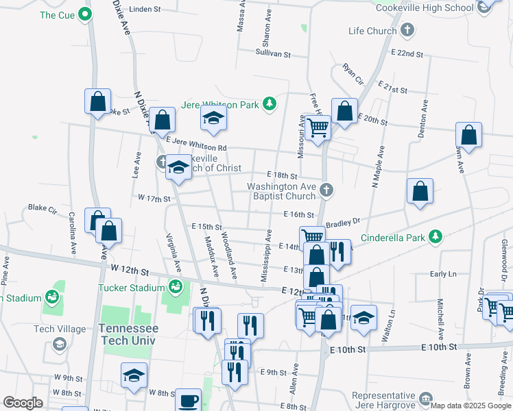map of restaurants, bars, coffee shops, grocery stores, and more near 1618 Texas Avenue in Cookeville