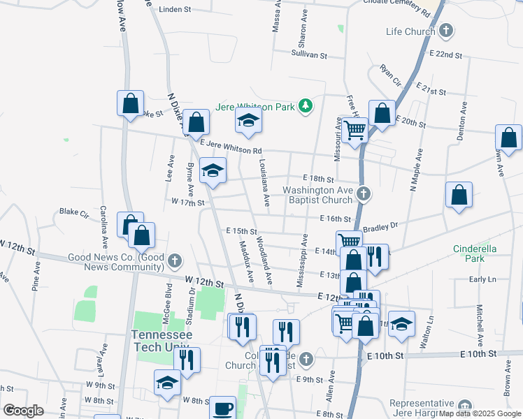 map of restaurants, bars, coffee shops, grocery stores, and more near 1615 Louisiana Avenue in Cookeville