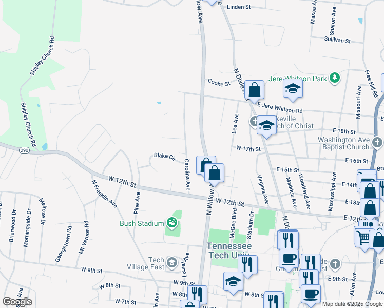 map of restaurants, bars, coffee shops, grocery stores, and more near 1340 North Willow Avenue in Cookeville