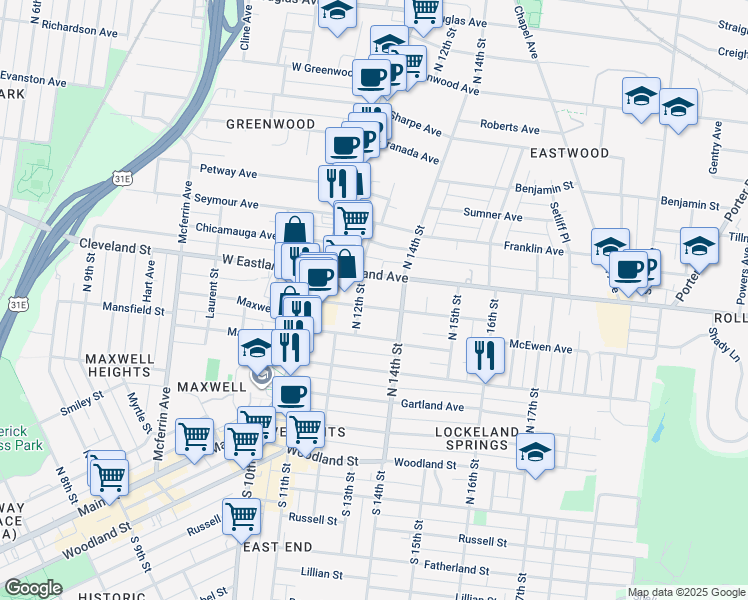 map of restaurants, bars, coffee shops, grocery stores, and more near 1203 Stratton Avenue in Nashville