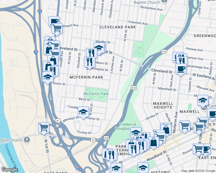 map of restaurants, bars, coffee shops, grocery stores, and more near 325D Grace Street in Nashville