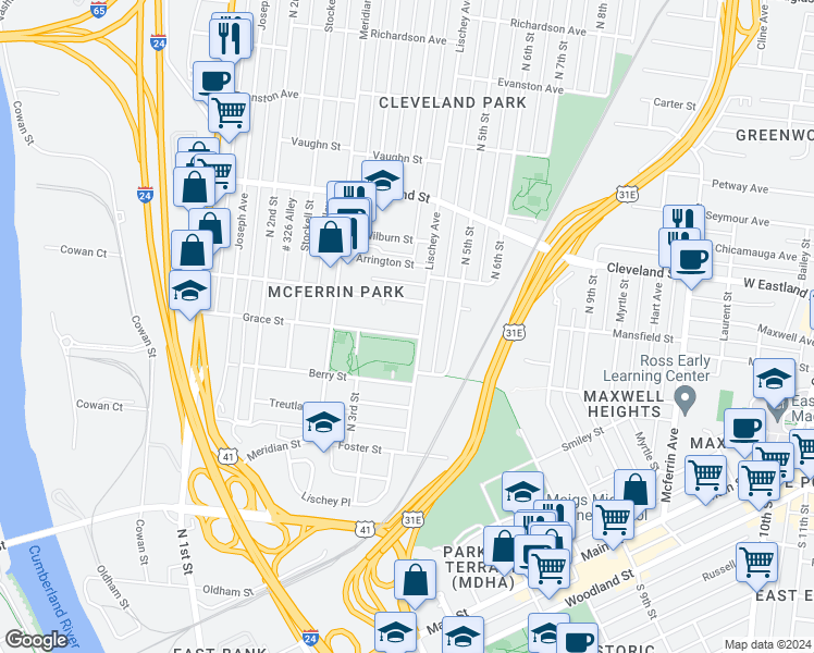 map of restaurants, bars, coffee shops, grocery stores, and more near 325D Grace Street in Nashville