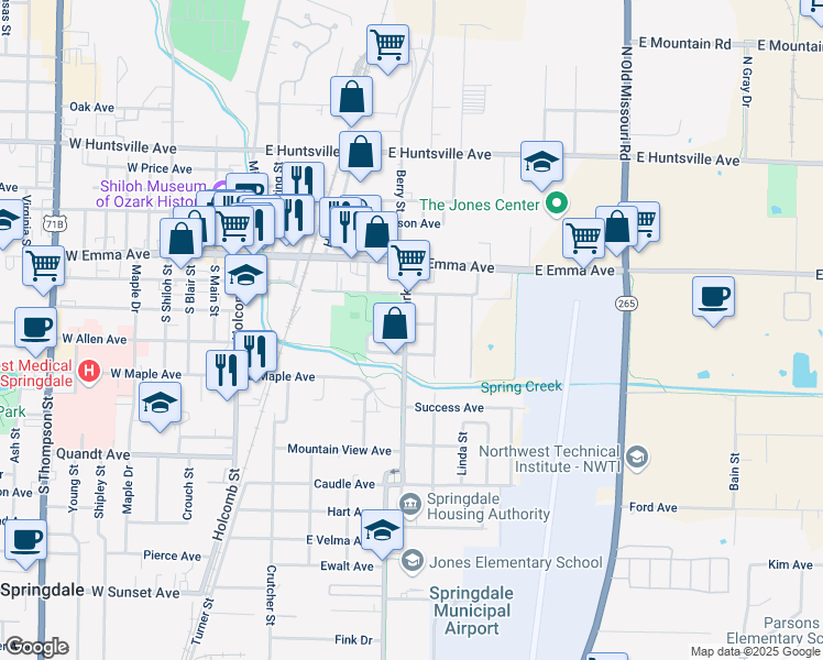 map of restaurants, bars, coffee shops, grocery stores, and more near in Springdale