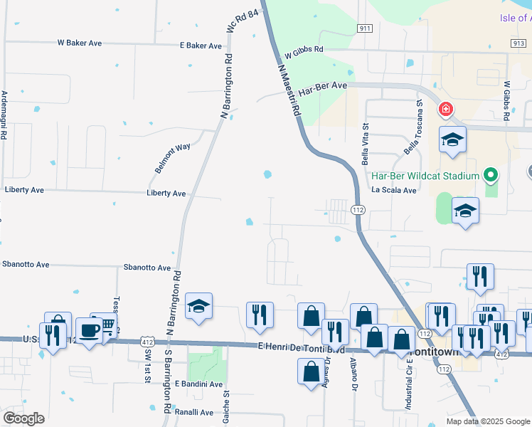 map of restaurants, bars, coffee shops, grocery stores, and more near 586 North Barrington Road in Springdale