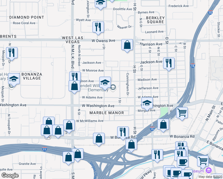 map of restaurants, bars, coffee shops, grocery stores, and more near 1030 J Street in Las Vegas