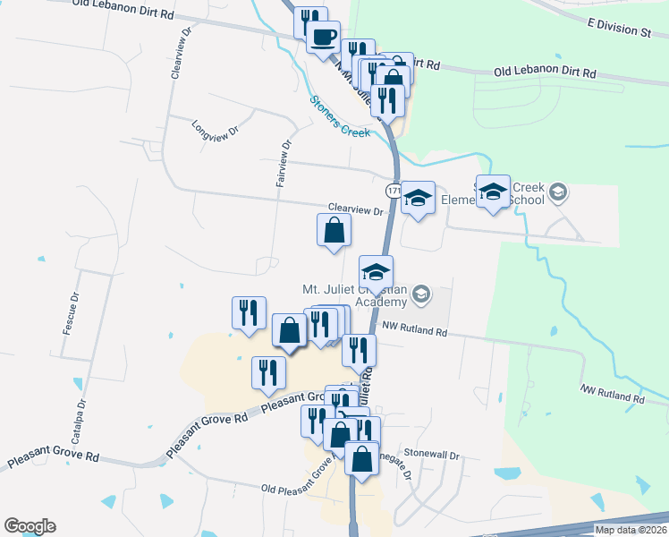 map of restaurants, bars, coffee shops, grocery stores, and more near 1410 Barrett Drive in Mt. Juliet