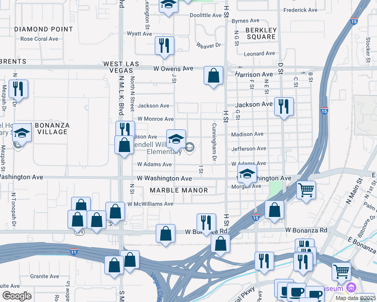 map of restaurants, bars, coffee shops, grocery stores, and more near 1030 J Street in Las Vegas