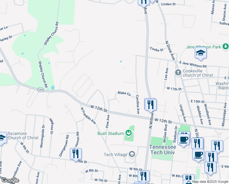 map of restaurants, bars, coffee shops, grocery stores, and more near 1245 Pine Avenue in Cookeville