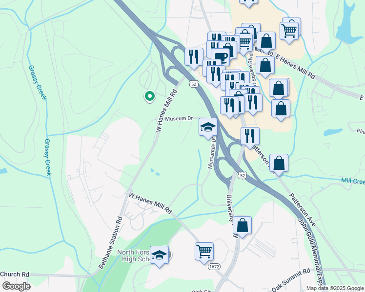 map of restaurants, bars, coffee shops, grocery stores, and more near 400 West Hanes Mill Road in Winston-Salem
