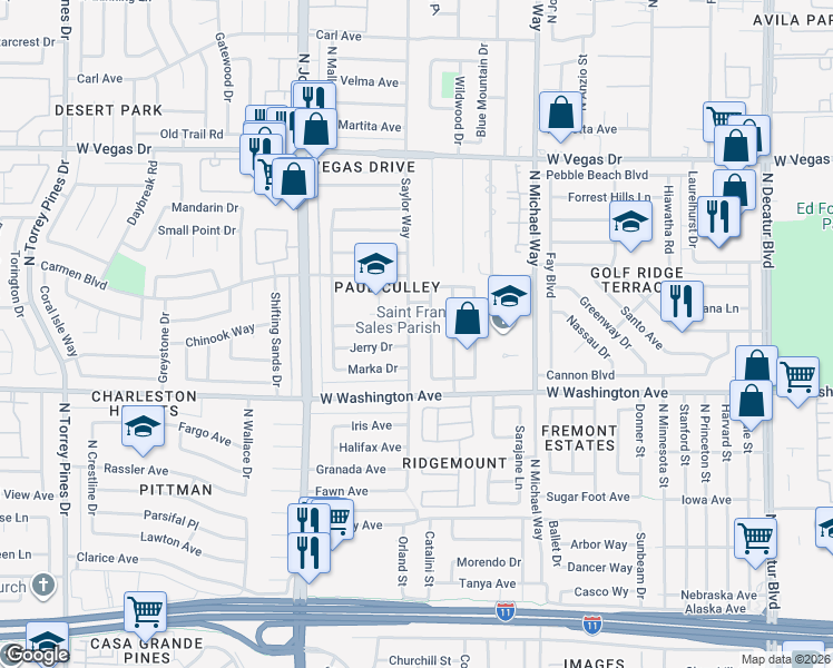 map of restaurants, bars, coffee shops, grocery stores, and more near 1108 Saylor Way in Las Vegas