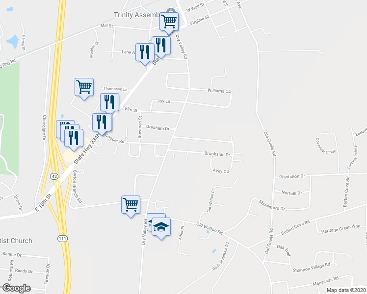 map of restaurants, bars, coffee shops, grocery stores, and more near 379 Brookside Drive in Cookeville