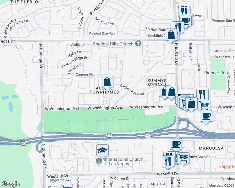 map of restaurants, bars, coffee shops, grocery stores, and more near 920 Falconhead Lane in Las Vegas