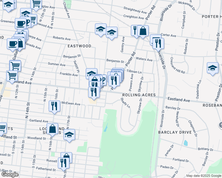 map of restaurants, bars, coffee shops, grocery stores, and more near 702 Porter Road in Nashville