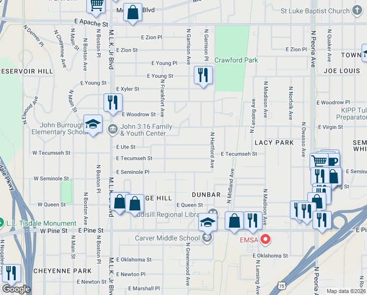 map of restaurants, bars, coffee shops, grocery stores, and more near 553 East Ute Street in Tulsa