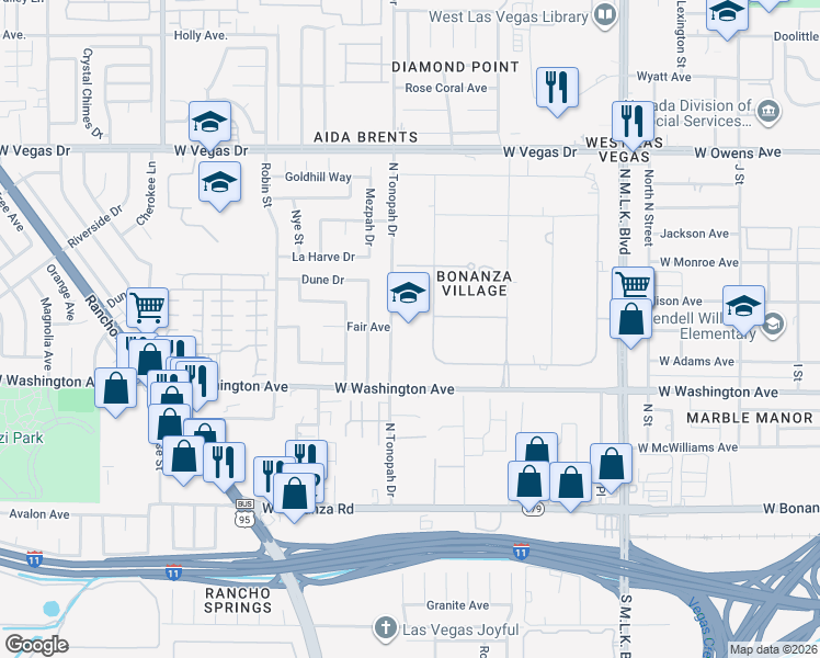 map of restaurants, bars, coffee shops, grocery stores, and more near 950 North Tonopah Drive in Las Vegas
