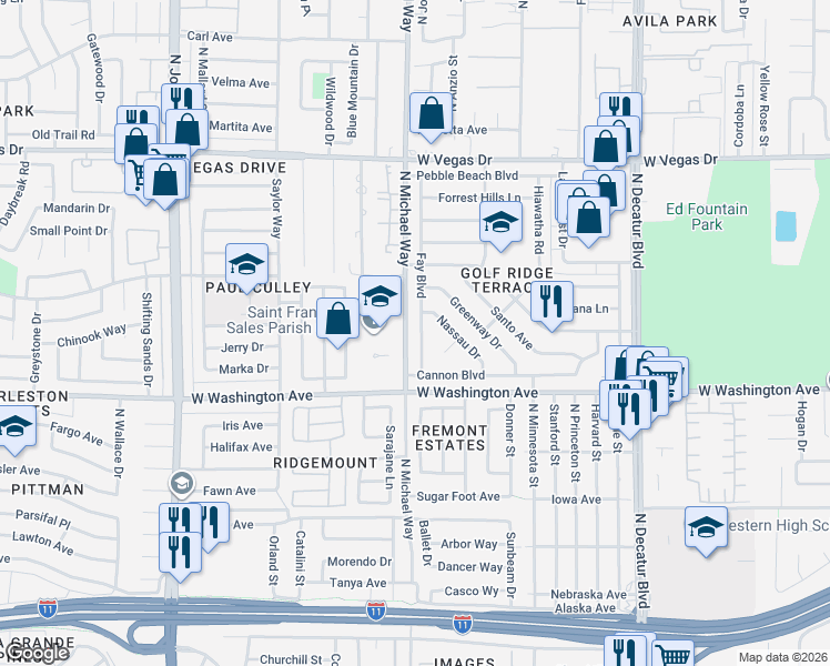 map of restaurants, bars, coffee shops, grocery stores, and more near 1113 Fay Boulevard in Las Vegas