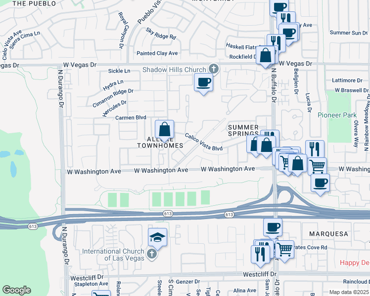map of restaurants, bars, coffee shops, grocery stores, and more near 932 Falconhead Lane in Las Vegas