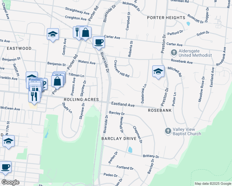 map of restaurants, bars, coffee shops, grocery stores, and more near 2316 Oak Court in Nashville