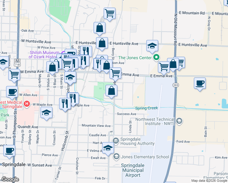 map of restaurants, bars, coffee shops, grocery stores, and more near in Springdale