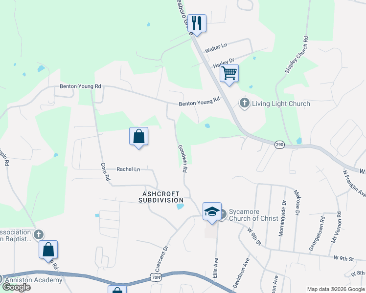 map of restaurants, bars, coffee shops, grocery stores, and more near 1113 Goodwin Road in Cookeville