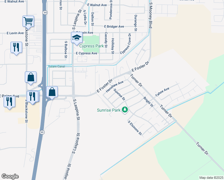map of restaurants, bars, coffee shops, grocery stores, and more near 1799 Henshaw Avenue in Tulare