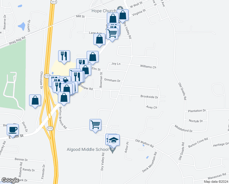 map of restaurants, bars, coffee shops, grocery stores, and more near 121 Cooper Road in Cookeville