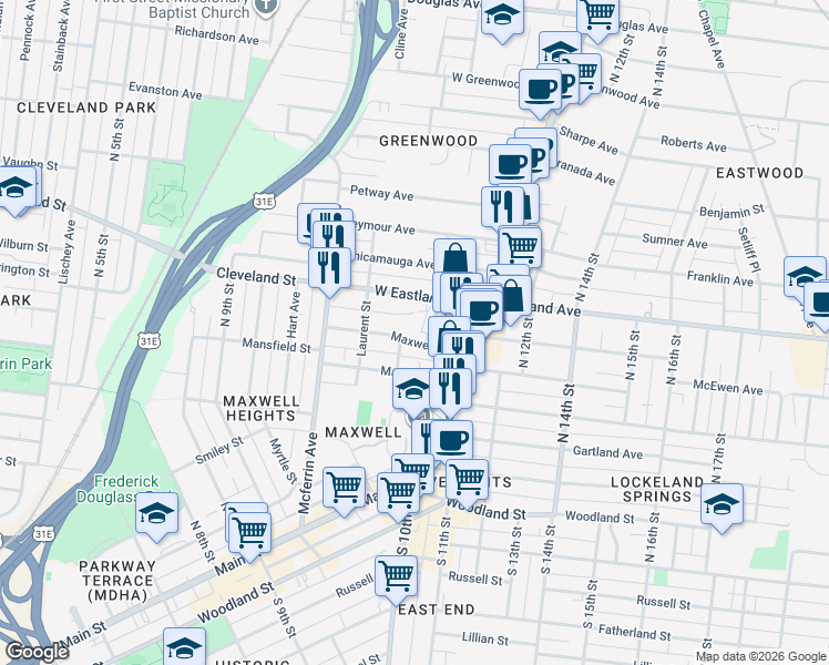 map of restaurants, bars, coffee shops, grocery stores, and more near 1023 Maxwell Avenue in Nashville