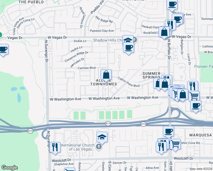 map of restaurants, bars, coffee shops, grocery stores, and more near 102 North Cimarron Road in Las Vegas