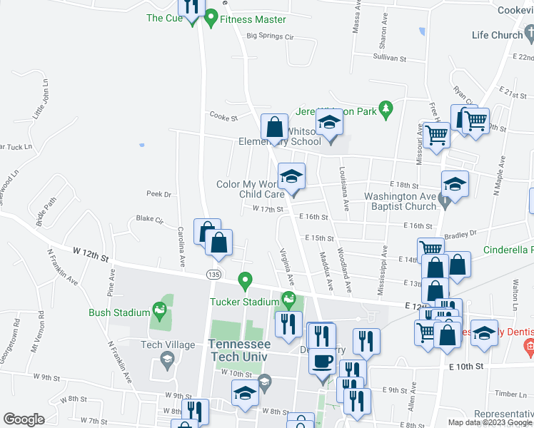map of restaurants, bars, coffee shops, grocery stores, and more near 210 West 17th Street in Cookeville
