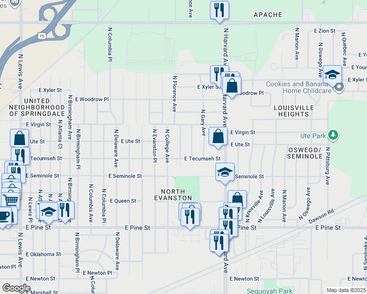 map of restaurants, bars, coffee shops, grocery stores, and more near 1921 North Florence Avenue in Tulsa