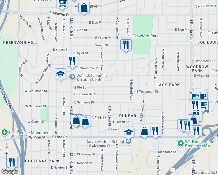 map of restaurants, bars, coffee shops, grocery stores, and more near 519 East Ute Street in Tulsa