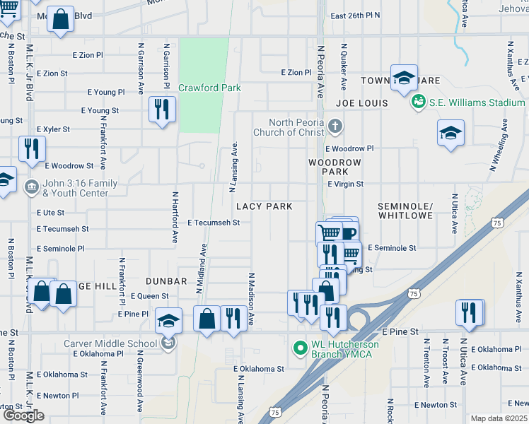 map of restaurants, bars, coffee shops, grocery stores, and more near 1872 North Madison Place in Tulsa