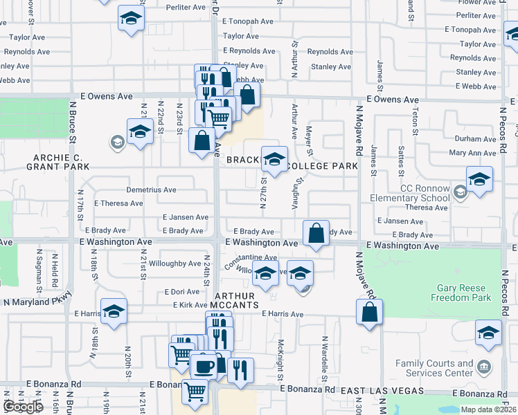 map of restaurants, bars, coffee shops, grocery stores, and more near 2640 Theresa Avenue in Las Vegas