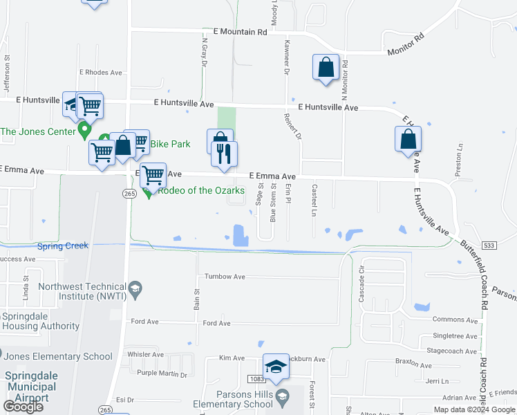 map of restaurants, bars, coffee shops, grocery stores, and more near Sage Street in Springdale