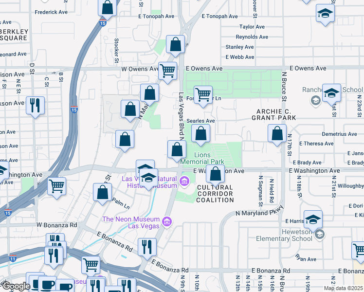 map of restaurants, bars, coffee shops, grocery stores, and more near 1150 Las Vegas Boulevard North in Las Vegas